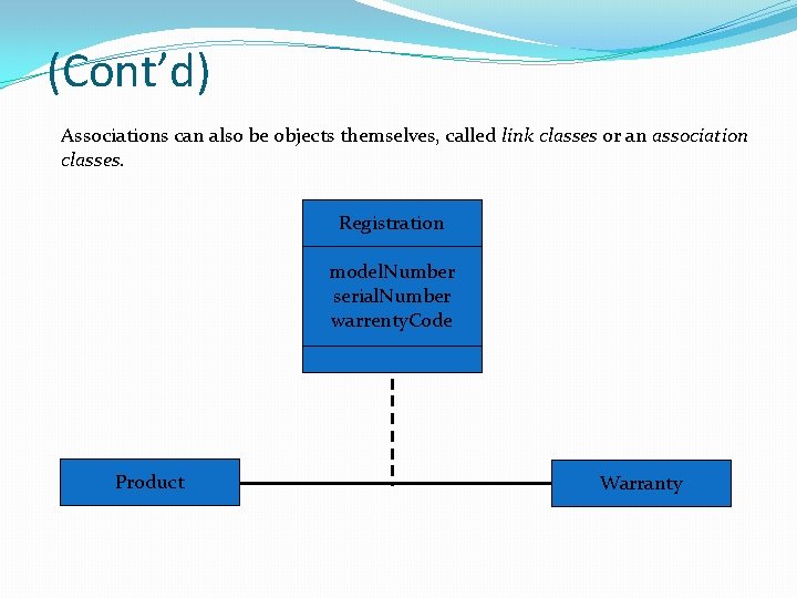 (Cont’d) Associations can also be objects themselves, called link classes or an association classes. (Cont’d) Associations can also be objects themselves, called link classes or an association classes.