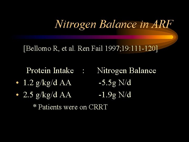 Nitrogen Balance in ARF [Bellomo R, et al. Ren Fail 1997; 19: 111 -120]