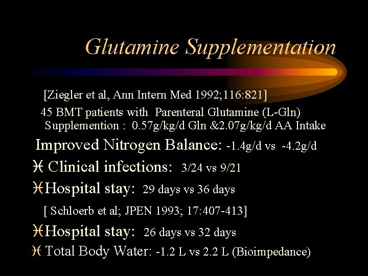 Glutamine Supplementation [Ziegler et al, Ann Intern Med 1992; 116: 821] 45 BMT patients