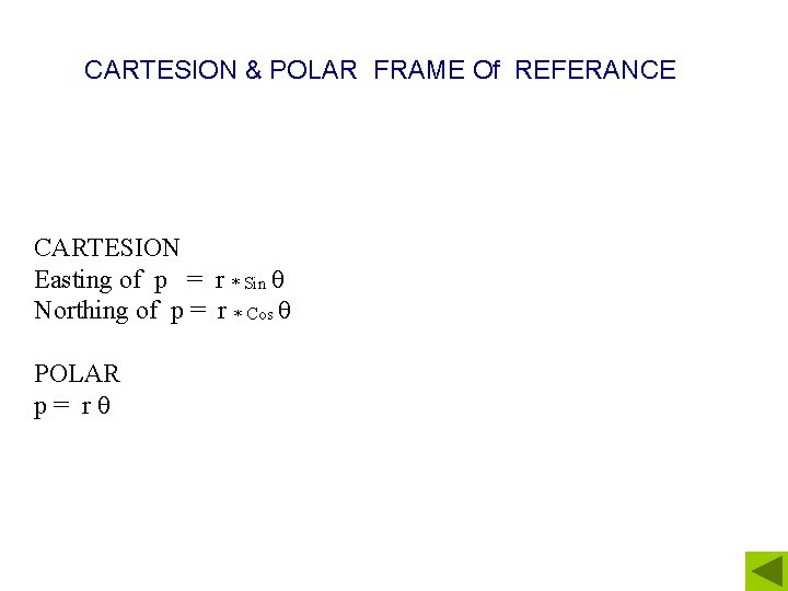 CARTESION & POLAR FRAME Of REFERANCE CARTESION Easting of p = r * Sin