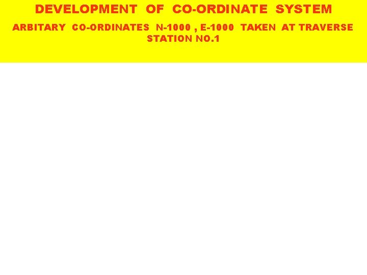 DEVELOPMENT OF CO-ORDINATE SYSTEM ARBITARY CO-ORDINATES N-1000 , E-1000 TAKEN AT TRAVERSE STATION NO.