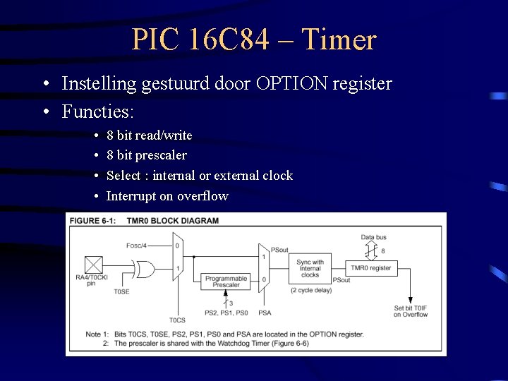 PIC 16 C 84 – Timer • Instelling gestuurd door OPTION register • Functies: