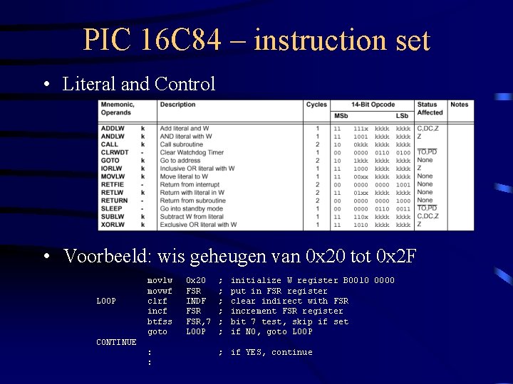 PIC 16 C 84 – instruction set • Literal and Control • Voorbeeld: wis