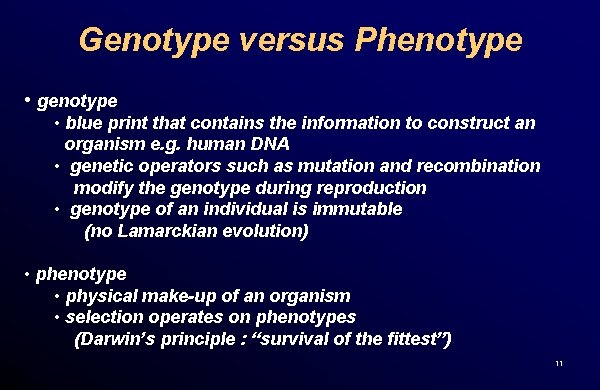 Genotype versus Phenotype • genotype • blue print that contains the information to construct