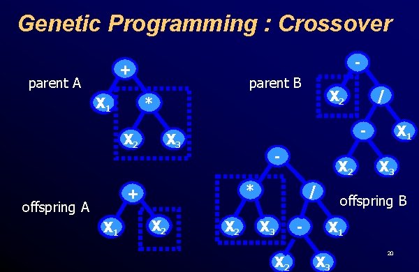 Genetic Programming : Crossover - + parent A X 1 parent B X 2