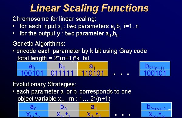 Linear Scaling Functions Chromosome for linear scaling: • for each input xi : two