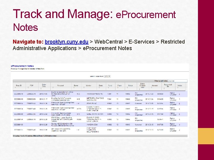 Track and Manage: e. Procurement Notes Navigate to: brooklyn. cuny. edu > Web. Central