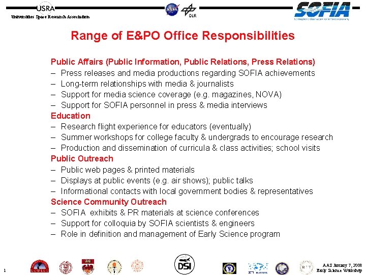 Universities Space Research Association Range of E&PO Office Responsibilities Public Affairs (Public Information, Public