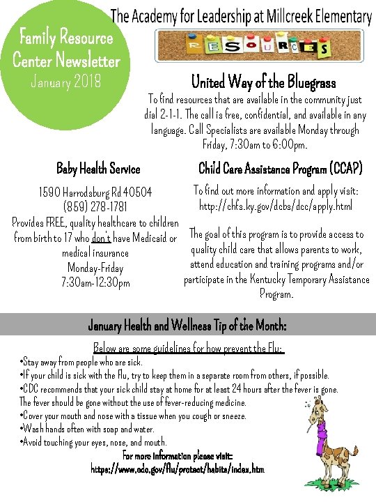 Family Resource Center Newsletter January 2018 United Way of the Bluegrass To find resources