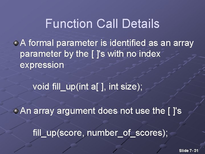 Function Call Details A formal parameter is identified as an array parameter by the