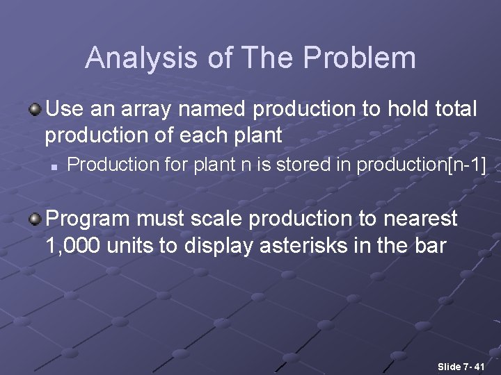 Analysis of The Problem Use an array named production to hold total production of