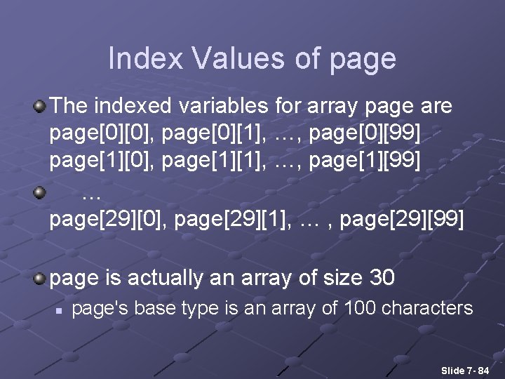 Index Values of page The indexed variables for array page are page[0][0], page[0][1], …,