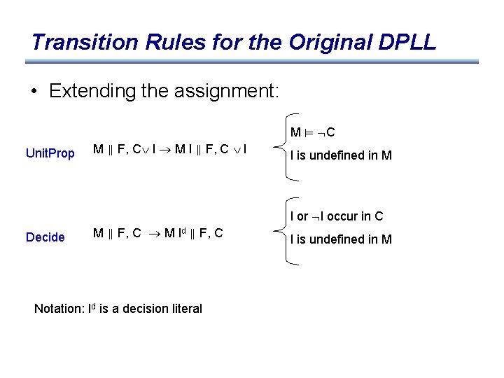 Transition Rules for the Original DPLL • Extending the assignment: M C Unit. Prop
