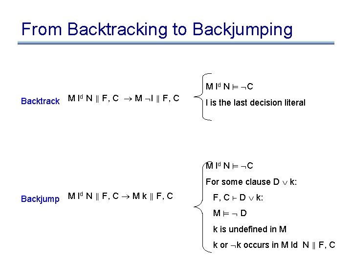 From Backtracking to Backjumping M ld N C d Backtrack M l N F,