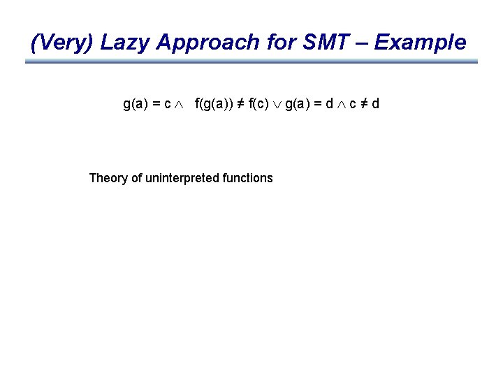 (Very) Lazy Approach for SMT – Example g(a) = c f(g(a)) ≠ f(c) g(a)