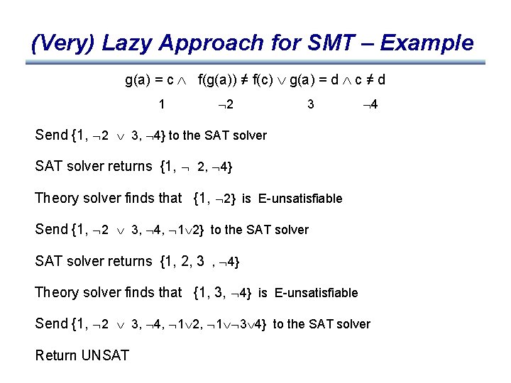 (Very) Lazy Approach for SMT – Example g(a) = c f(g(a)) ≠ f(c) g(a)