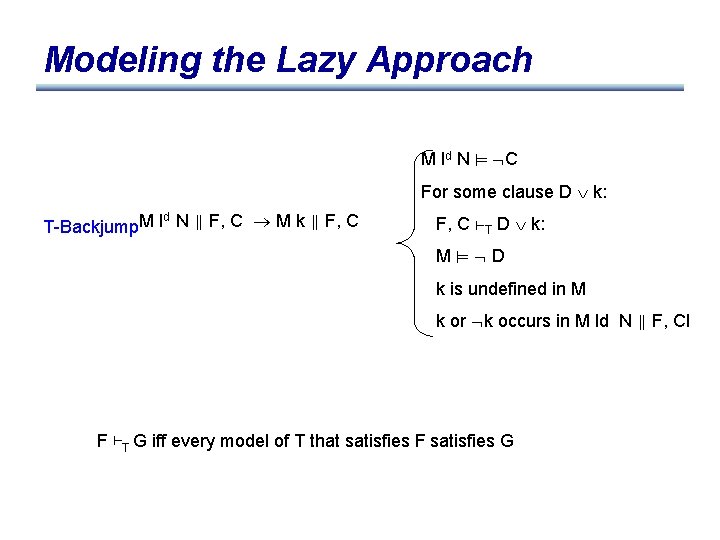 Modeling the Lazy Approach M ld N C For some clause D k: d