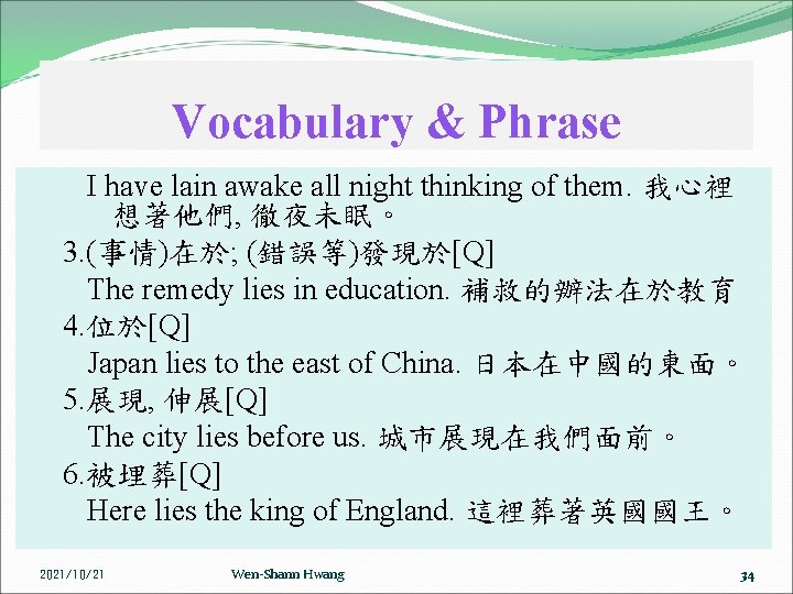 Vocabulary & Phrase I have lain awake all night thinking of them. 我心裡 想著他們,