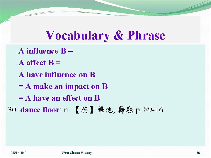 Vocabulary & Phrase A influence B = A affect B = A have influence