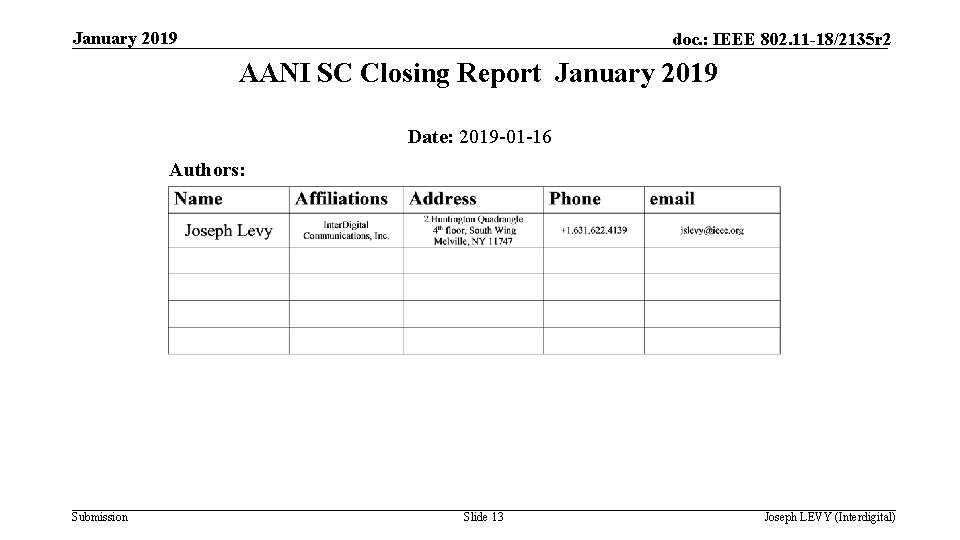 January 2019 doc. : IEEE 802. 11 -18/2135 r 2 AANI SC Closing Report
