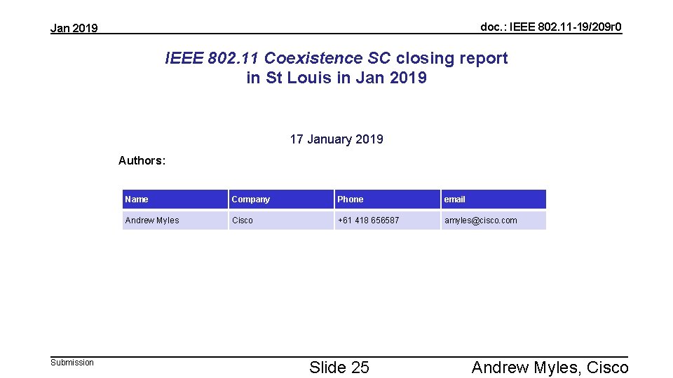 doc. : IEEE 802. 11 -19/209 r 0 Jan 2019 IEEE 802. 11 Coexistence