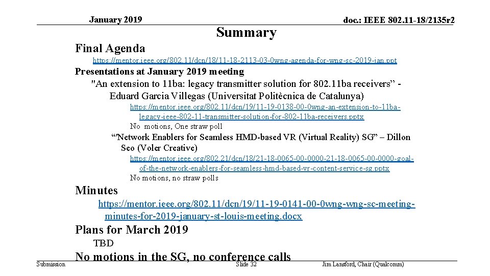 January 2019 Summary doc. : IEEE 802. 11 -18/2135 r 2 Final Agenda https: