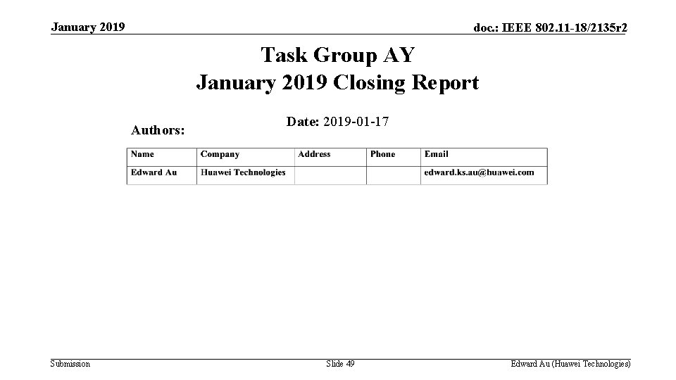 January 2019 doc. : IEEE 802. 11 -18/2135 r 2 Task Group AY January