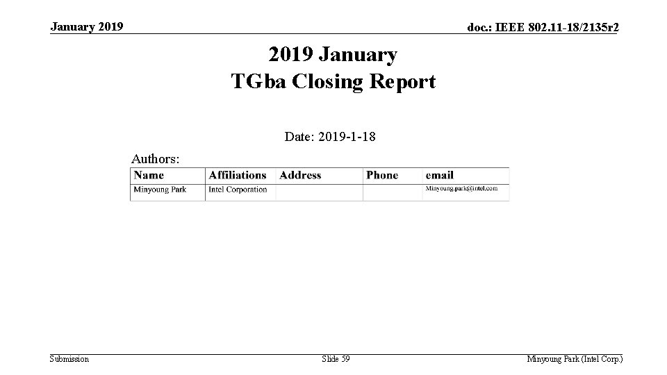January 2019 doc. : IEEE 802. 11 -18/2135 r 2 2019 January TGba Closing