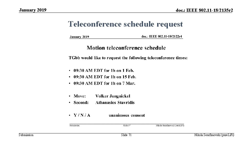 January 2019 doc. : IEEE 802. 11 -18/2135 r 2 Teleconference schedule request Submission