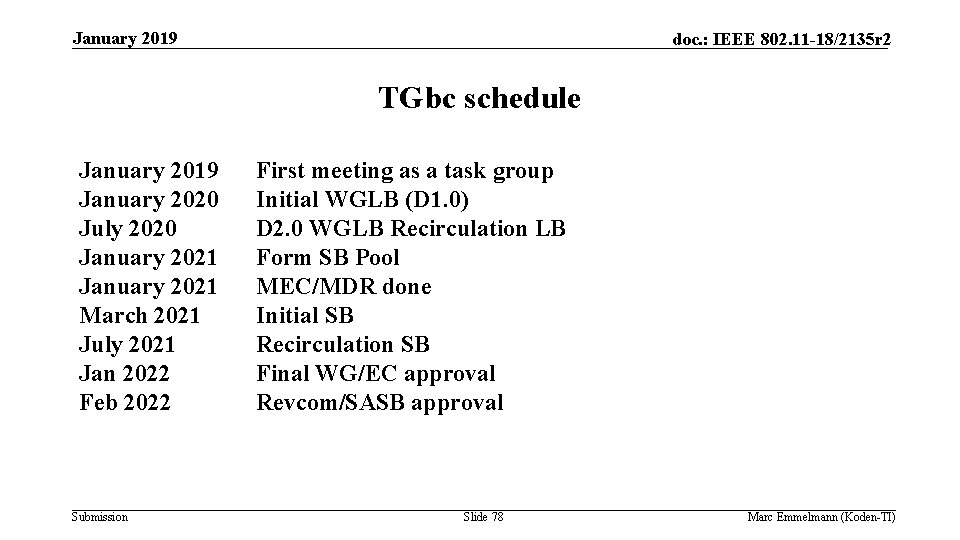 January 2019 doc. : IEEE 802. 11 -18/2135 r 2 TGbc schedule January 2019