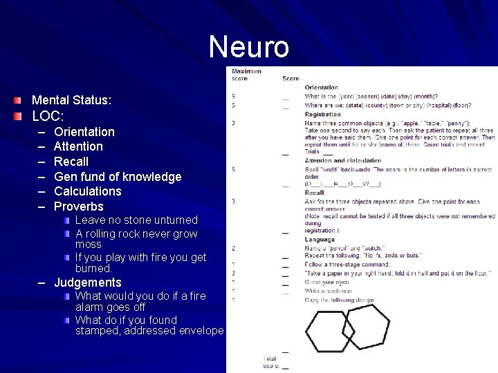 Neuro Mental Status: LOC: – – – Orientation Attention Recall Gen fund of knowledge