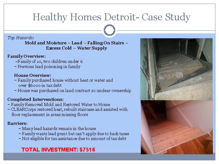 Healthy Homes Detroit- Case Study Top Hazards: Mold and Moisture ~ Lead ~ Falling