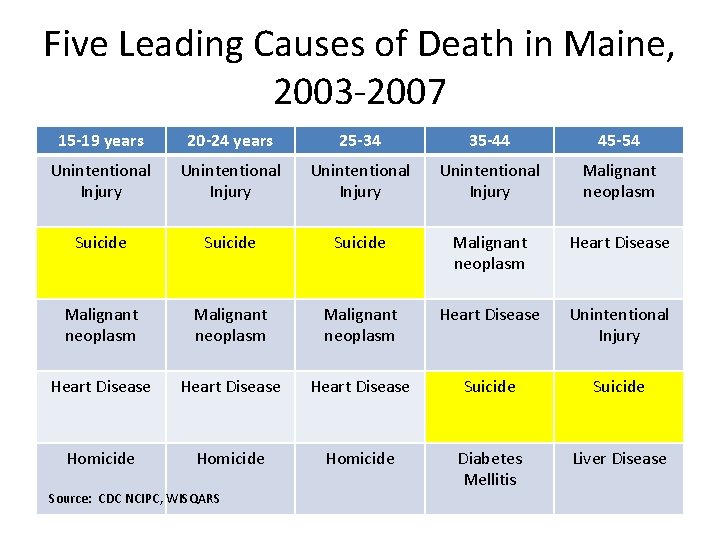 Five Leading Causes of Death in Maine, 2003 -2007 15 -19 years 20 -24