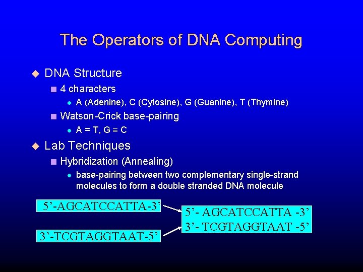 The Operators of DNA Computing u DNA Structure < 4 characters l A (Adenine),