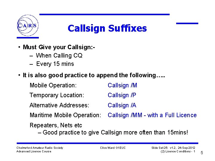 Callsign Suffixes • Must Give your Callsign: – When Calling CQ – Every 15