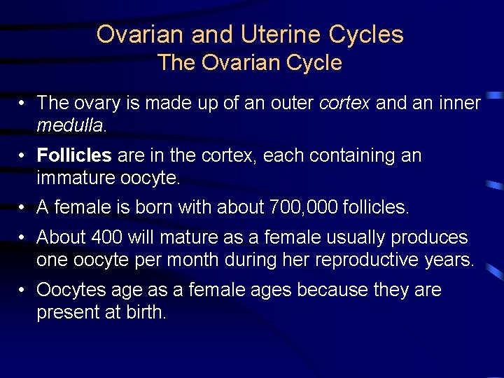 Ovarian and Uterine Cycles The Ovarian Cycle • The ovary is made up of