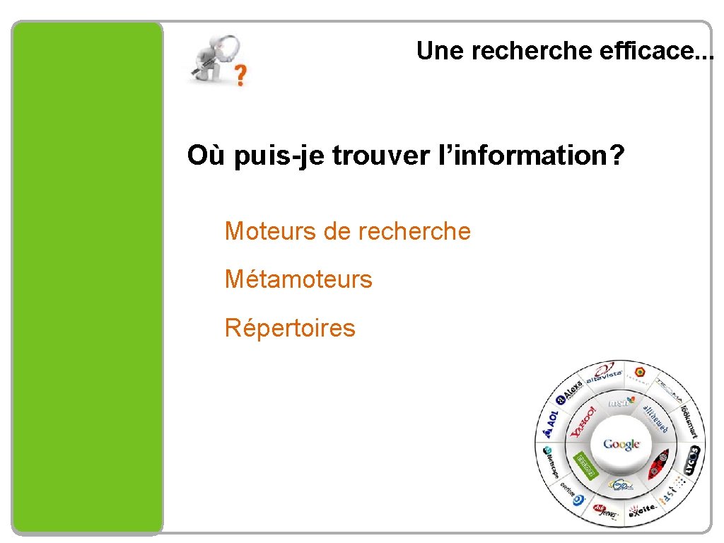 Une recherche efficace. . . Où puis-je trouver l’information? Moteurs de recherche Métamoteurs Répertoires