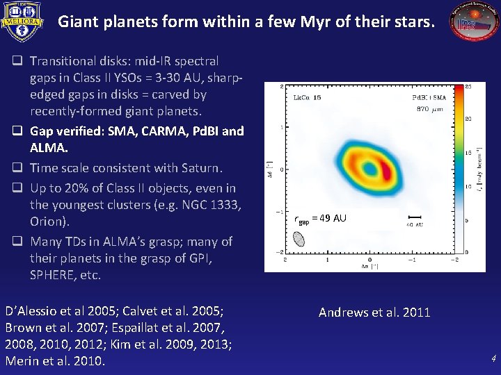 Giant planets form within a few Myr of their stars. q Transitional disks: mid-IR