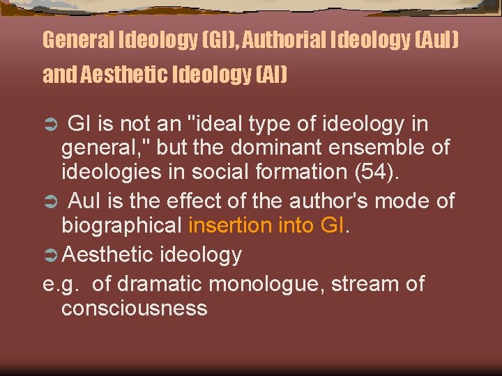 General Ideology (GI), Authorial Ideology (Au. I) and Aesthetic Ideology (AI) GI is not