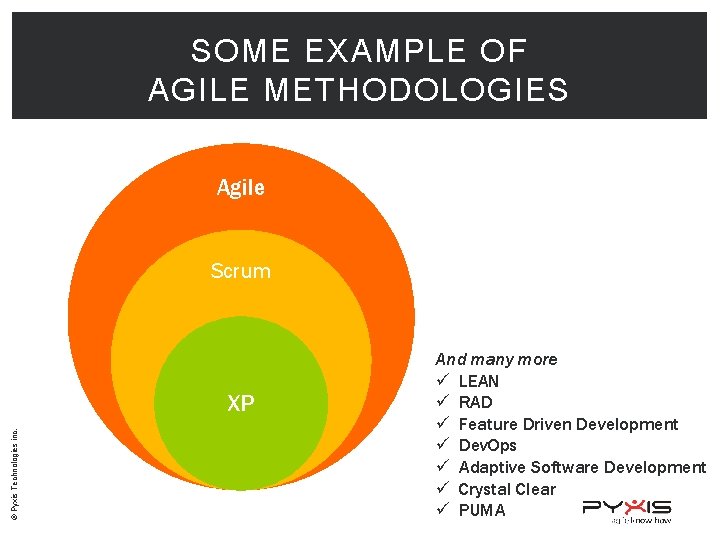SOME EXAMPLE OF AGILE METHODOLOGIES Agile Scrum © Pyxis Technologies inc. XP And many