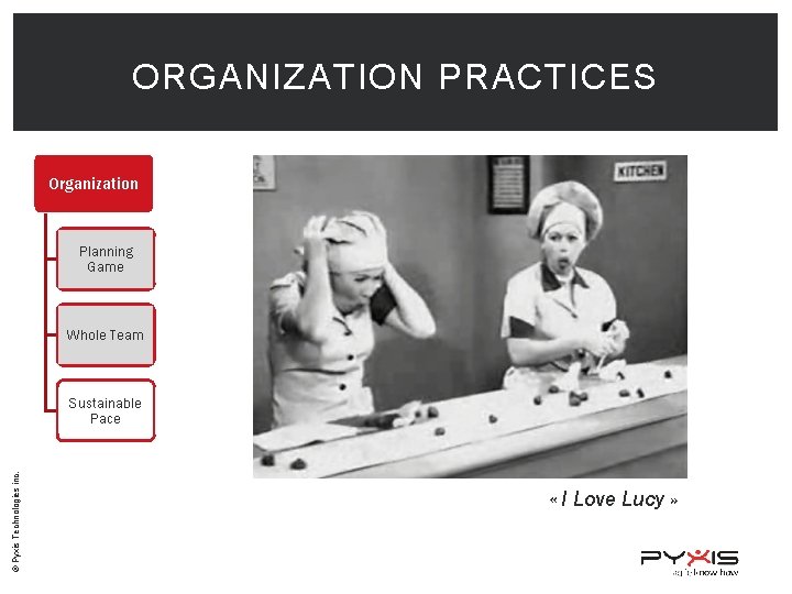 ORGANIZATION PRACTICES Organization Planning Game Whole Team © Pyxis Technologies inc. Sustainable Pace «