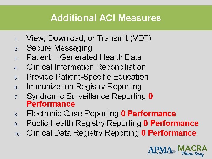 Additional ACI Measures 1. 2. 3. 4. 5. 6. 7. 8. 9. 10. View,