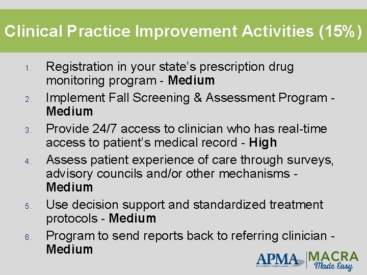 Clinical Practice Improvement Activities (15%) 1. 2. 3. 4. 5. 6. Registration in your