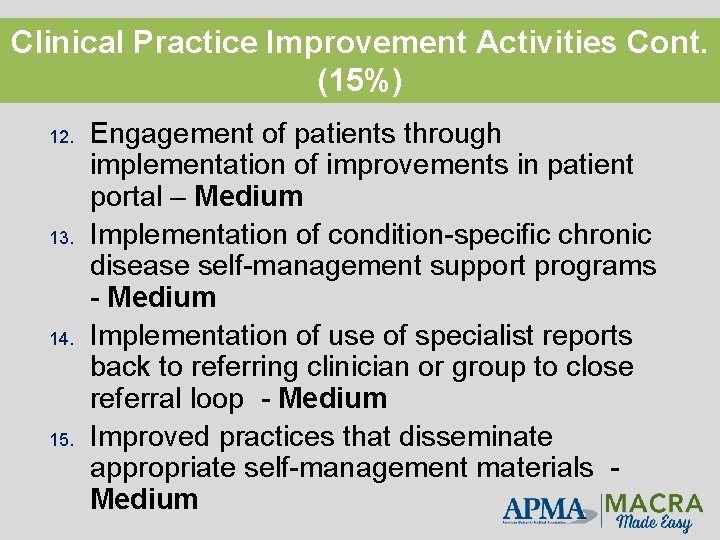 Clinical Practice Improvement Activities Cont. (15%) 12. 13. 14. 15. Engagement of patients through