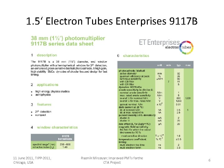 1. 5‘ Electron Tubes Enterprises 9117 B 11 June 2011, TIPP-2011, Chicago, USA Razmik