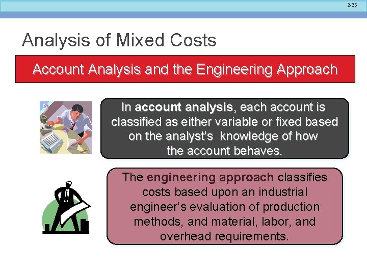 2 -33 Analysis of Mixed Costs Account Analysis and the Engineering Approach In account