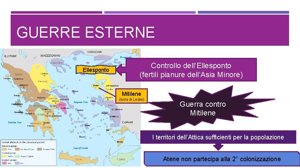 GUERRE ESTERNE Ellesponto Controllo dell’Ellesponto (fertili pianure dell’Asia Minore) Mitilene (isola di Lesbo) Guerra