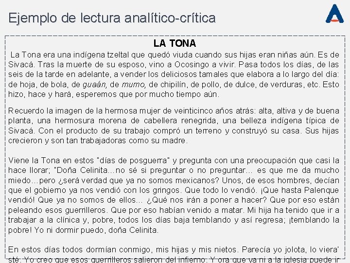 Ejemplo de lectura analítico-crítica LA TONA La Tona era una indígena tzeltal quedó viuda