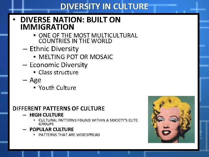 DIVERSITY IN CULTURE • DIVERSE NATION: BUILT ON IMMIGRATION • ONE OF THE MOST