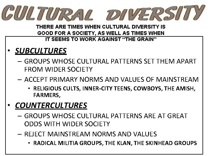 THERE ARE TIMES WHEN CULTURAL DIVERSITY IS GOOD FOR A SOCIETY, AS WELL AS